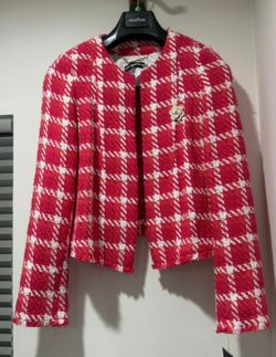 Karl Lagerfeld Dark Pink White Tweed Open Front Long Sleeve Blazer Size 8