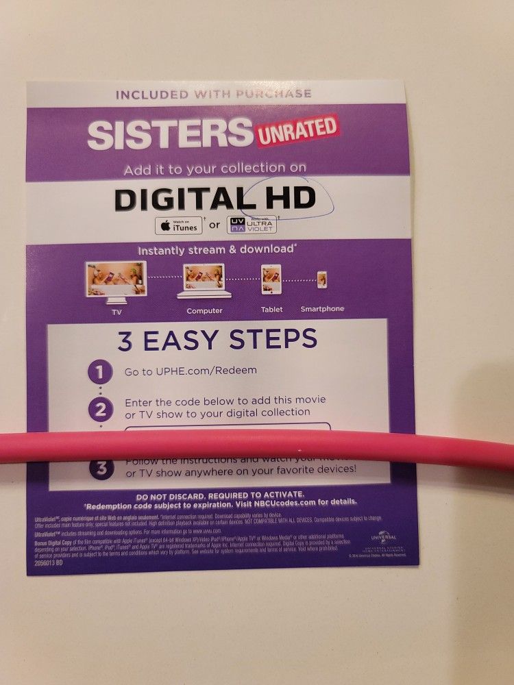 $4 HD DIGITAL MOVIE CODE. SISTERS. $4 OR TRADE FOR A MOVIE TITLE I DO NOT ALREADY OWN.