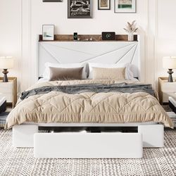 Queen Size Bed Frame, Storage Headboard with Drawers, Charging, White Velvet Upholstered Bed, Modern Wingback Headboard, 3 Drawers, USB Charging Stati