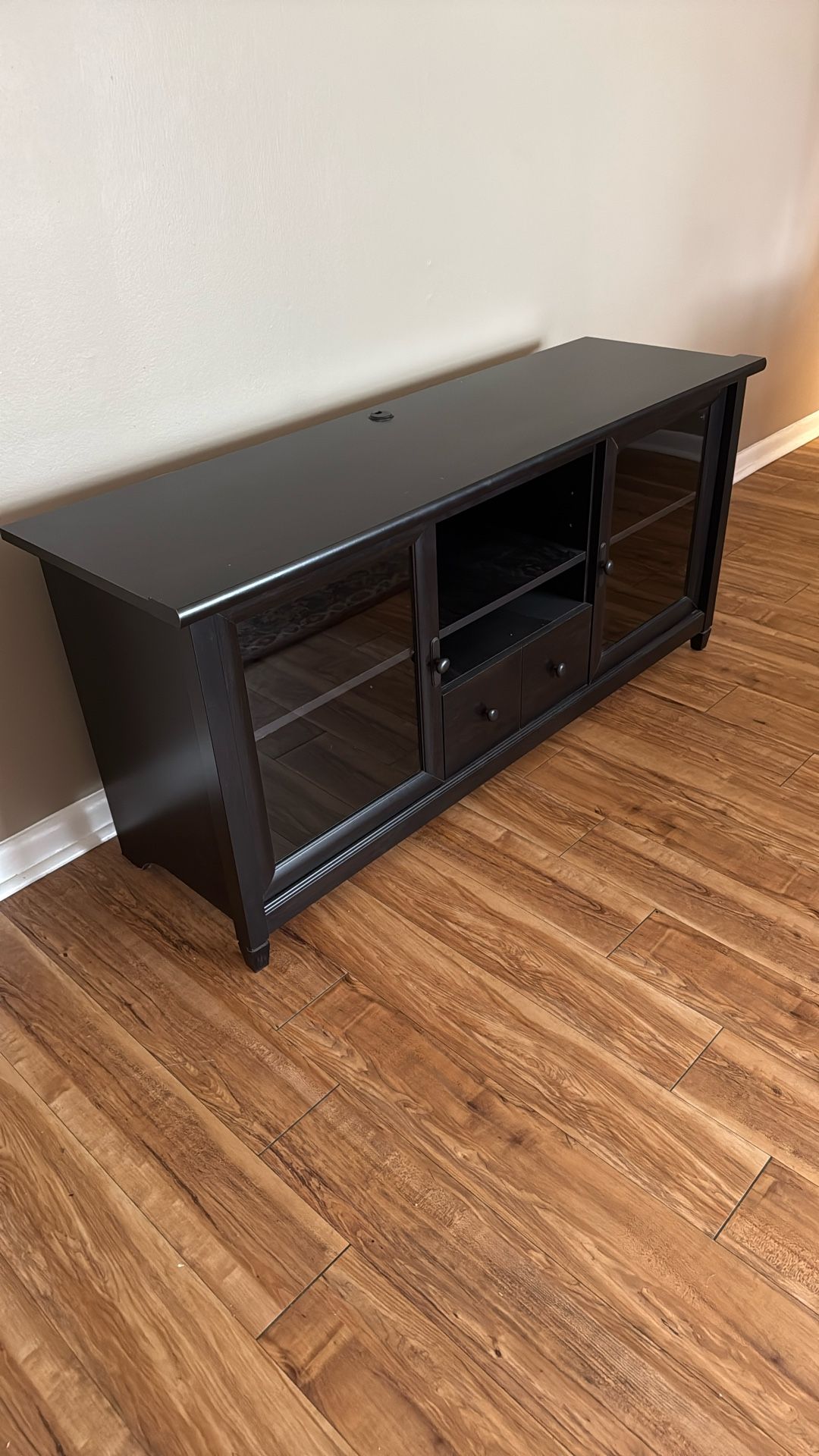 Dark Brown Wood Media Console TV Stand with Glass Doors