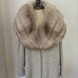 Blue Fox Fur Stole On Wool Cardigan Size M