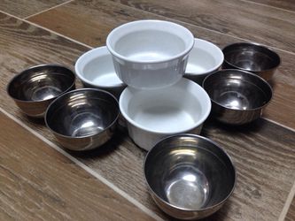 Set of Corning Ware 7 ounce ceramic bowls & 5 stainless bowls