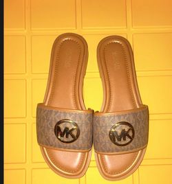Michael Kors Women’s Logo Slide Sandals Leather Brown/Beige Slip On US 7.5