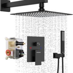 EMBATHER Black Shower System 12 Inches Shower Faucet Set with Square Rain Shower Head and Handheld For Bathroom, Matte Black Shower Combo Set Wall Mou