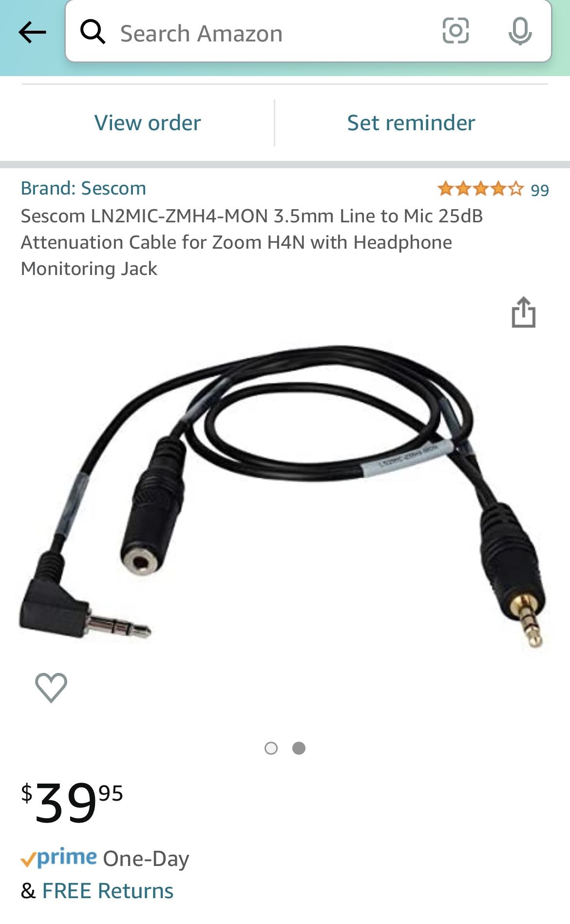 Sescom LN2MIC-ZMH4-MON 3.5mm Line to Mic 25dB Attenuation Cable for Zoom H4N with Headphone Monitoring Jack