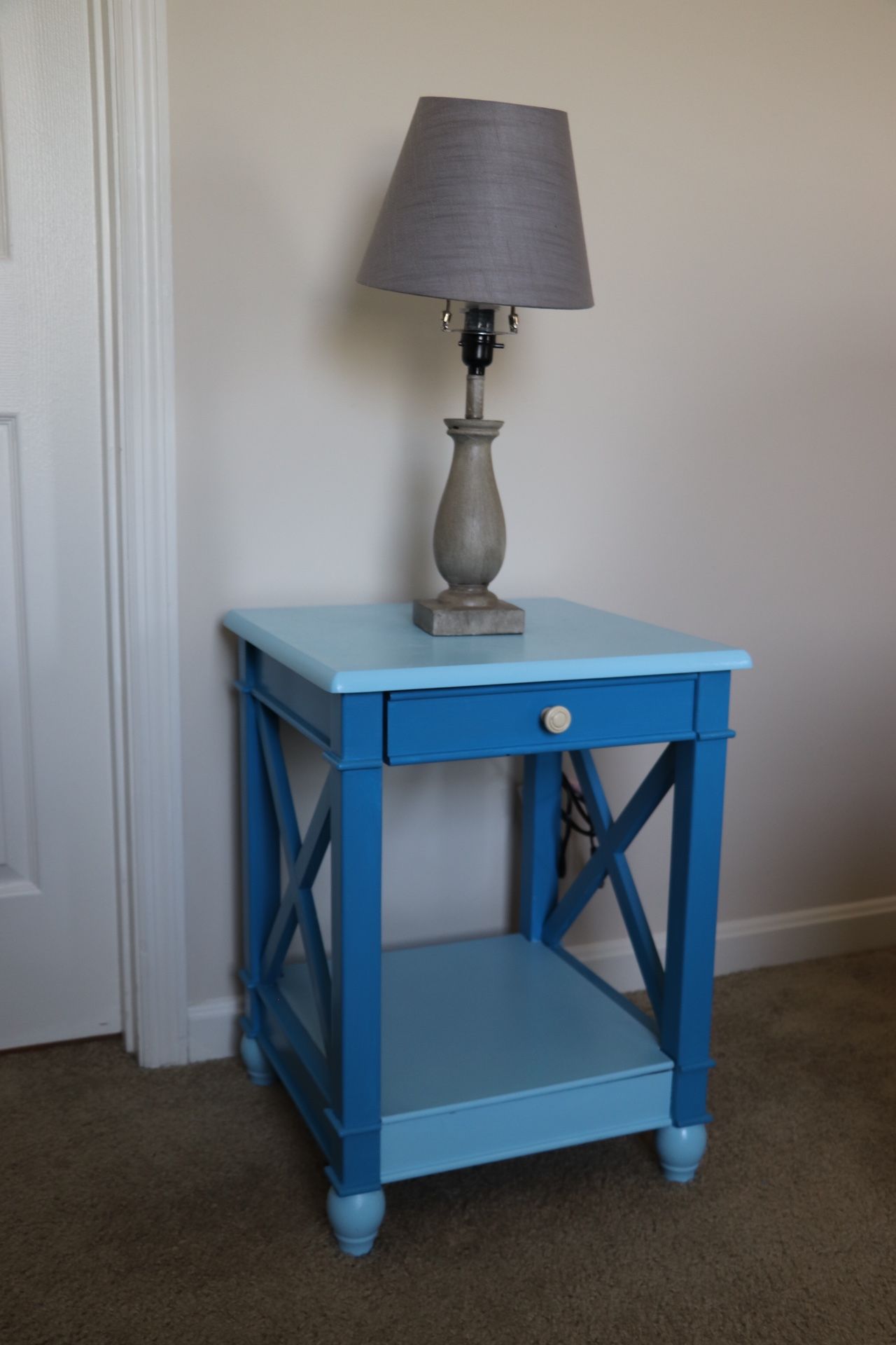 Refurbished 2-Tone Blue Side End Table Nightstand - 2 Plug Outlet With 2 Usb