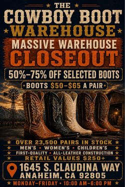 COWBOY BOOTS 50-65 DOLLAR WAREHOUSE CLOSING EVERYTHING MUST GO