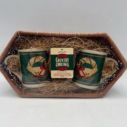 Vintage Hallmark Country Christmas Mug Goose Holly Gift Set 1986 - 2 Mugs