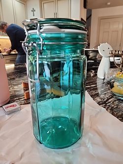 Blue-Green Hinged Glass Canister With Wire Lock Top and Seal