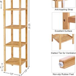 SONGMICS 5-Tier Bamboo Bathroom Shelf, Narrow Shelving Unit, Multifunctional Storage Rack, Corner Rack, for Kitchen, Living Room, Bedroom, Entryway, B