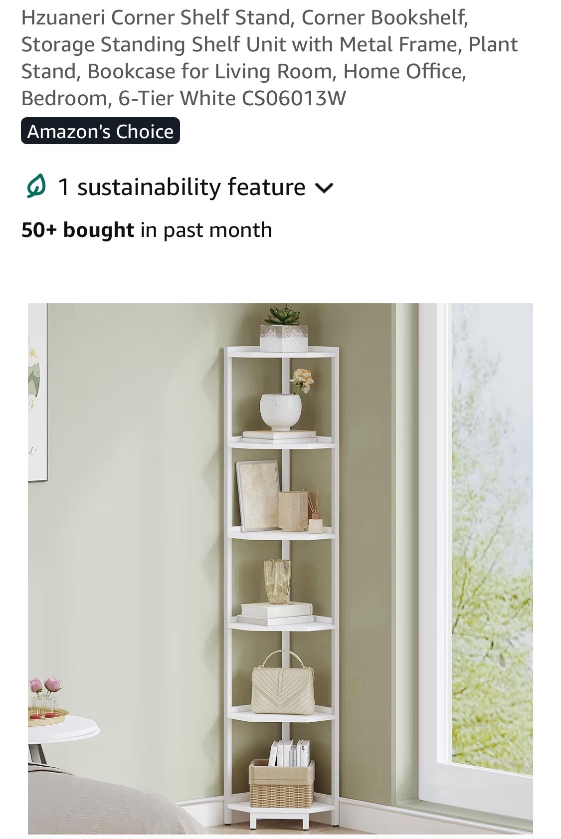 Hzuaneri Corner Shelf Stand, Corner Bookshelf, Storage Standing Shelf Unit with Metal Frame, Plant Stand, Bookcase for Living Room, Home Office,
