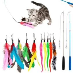 Cat Teaser Fishing Rod Colorful Feather Caterpillar Bell Flexible Durable 