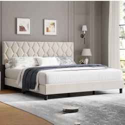 Garvee Full Bed Frame with Headboard, Beige - New In Box