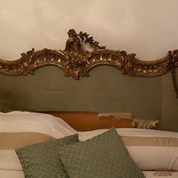 Italian Gold Giltwood Carved Wood  Bed Headboard.