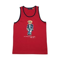 Polo Ralph Lauren Bear Shirt Small S Mens Red Jersey Tank Top PRL Preppy Vintage
