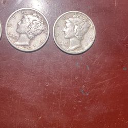 Three Mercury Silver Dimes, 1942, 19,43, 1944