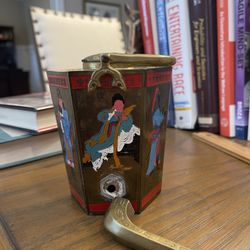 Vintage Hexagonal BRASS TEA KETTLE Enameled Asian Figures Embossed Lid 
