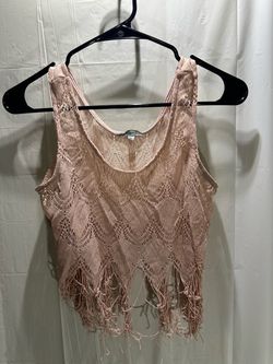 Charlotte Russe Women’s S Pink Crochet Fringe Hem Sheer Open Scoop Neck Tank