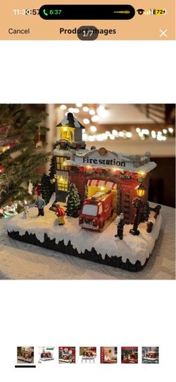 Resin Christmas Village Building, Fire Station With LED Lights & Multiple Music Tracks, Collectible Buildings Decoration With Snow, Indoor Home & Desk
