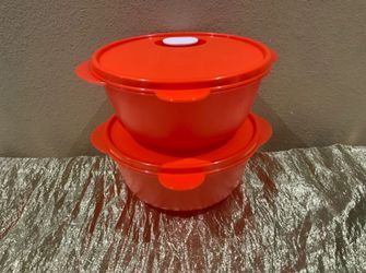 New Tupperware Set of 2 Crystalwave Reheatable Bowls in Salmon Color 1.3L each