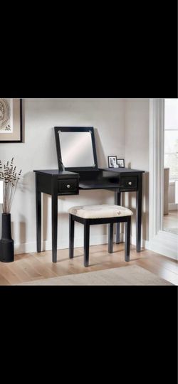 Solid wood vanity table with mirror and bench