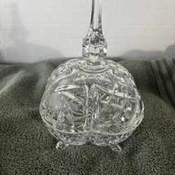 Vtg Heavy Crystal Glass Crosshatch & Star Pattern Compote Candy Dish w/Lobed Lid