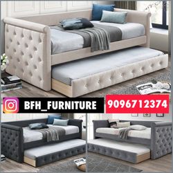 Twin/Twin Gray European Style Tufted Daybed w. Orthopedic Mattresses Included 