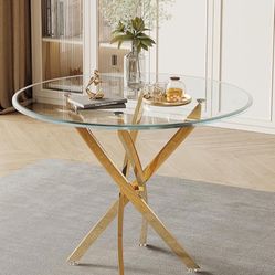 36" Round Glass Dining Table, Gold Modern Kitchen Table for 4 with Tempered Glass Top & Stainless Steel Legs, Small Glass Coffee Table for Small Space