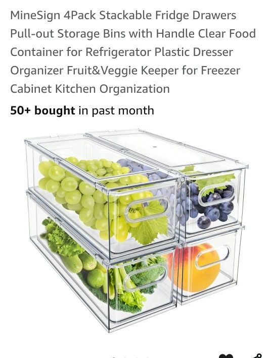 4Pack Stackable Fridge Drawers Pull-out Storage Bins with Handle Clear Food Container for Refrigerator Plastic Dresser Organizer Fruit&Veggie Keeper