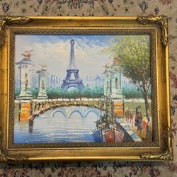Impressionist Oil Painting Paris Streets Eiffel Tower Gold Framed Artist Signed