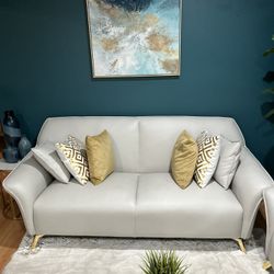 Vince Full Leather Sofa & Loveseat Set - Cream | Gently Used | Modern Chic Style