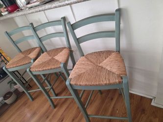 Set of 3 Sage Green Wooden Bar Stools with Woven Rush Seats (Rustic / Farmhouse