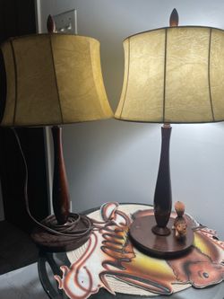 Pair of Vintage Mid-Century Modern Wooden Table Lamps