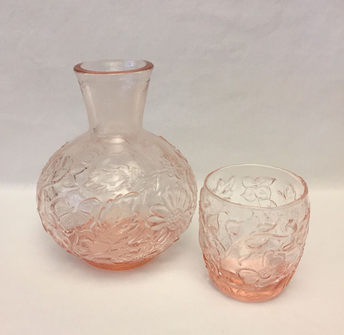 Vintage Pink Depression Glass Bedside Carafe and Tumbler Set Wild Rose –  Past Life Vintage