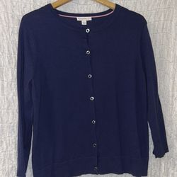 ISAACMIZRAHILIVE ESSENTIALS Navy Cardigan, Pink Trim, 3/4 Length Sleeves, Size L