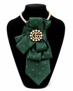 Handmade Green Necktie Necklace w/ Pearl Brooch