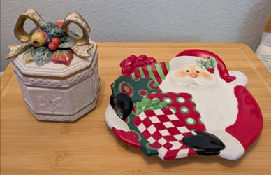 Fitz And Floyd Christmas Trinket Box And Santa Plate
