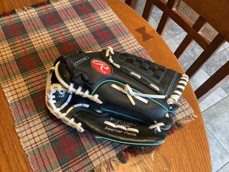 Girls softball glove like new Rawlings Play Series glove size 11.5” adjustable wrist strap for correct fit (black and teal) Comes with 2 softballs Pla