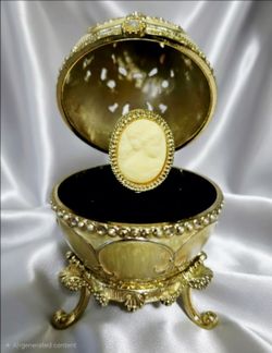 Late 20th-century Fabergé-style Cameo egg jewelry/trinket Music box. 6"