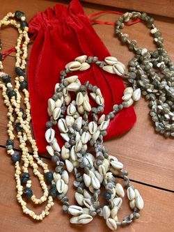 Vintage Hawaiian Shell Necklace Set of 3 Cowrie & Puka Strands with Red Velvet Gift Pouch Traditional Island Jewelry Boho Beach Bundle