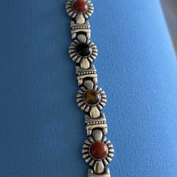 Heavy silver Navajo sterling black onyx, red coral, tigers eye bracelet 