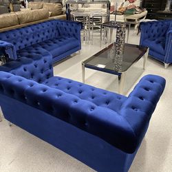 Chesterfield Deep Ocean Blue Velvet Tufted Sofa Collection