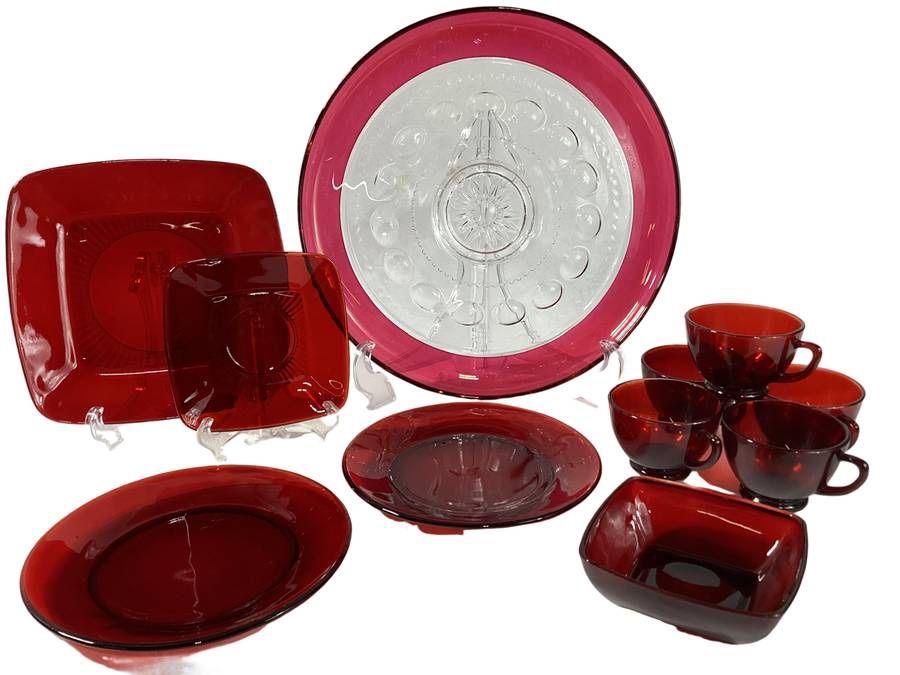 Antique Red/Cranberry Glass Tray & Place Setting (10 pieces)