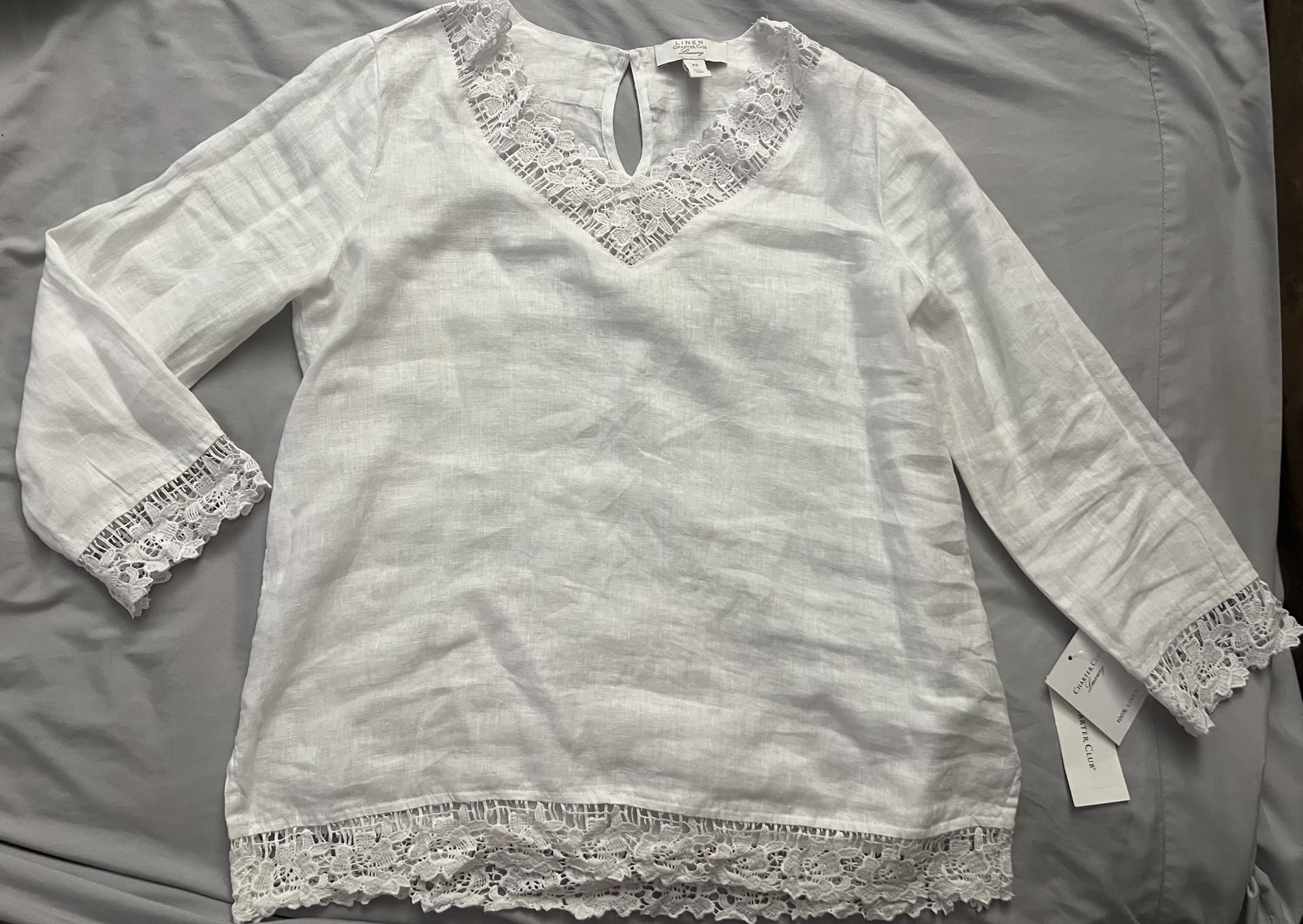 Charter Club White Lace Accent Blouse 100% Linen