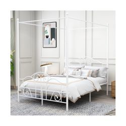 Full Size Four-Poster Metal Canopy Bed Frame with Headboard and Footboard Stu...