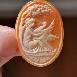 Hand Carved Shell Cameo Lady With Bird