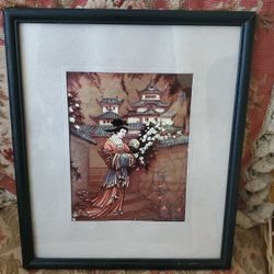 Vintage Framed Reverse Foil Painting Geisha Lady In Japanese Garden