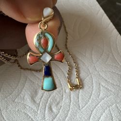 Egyptian Jewelry 18k Gold Key Of Life With Lapis