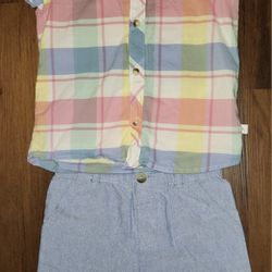 Tommy Bahama Boys 4T Spring Outfit- Collared Button-Up Short Sleeve Plaid Shirt with Chambray Shorts