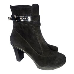 AQUATALIA WOMEN BLACK SUEDE HIGH HEEL ANKLE BOOTS SIDE ZIPPER BUCKLE SZ 11 EUC